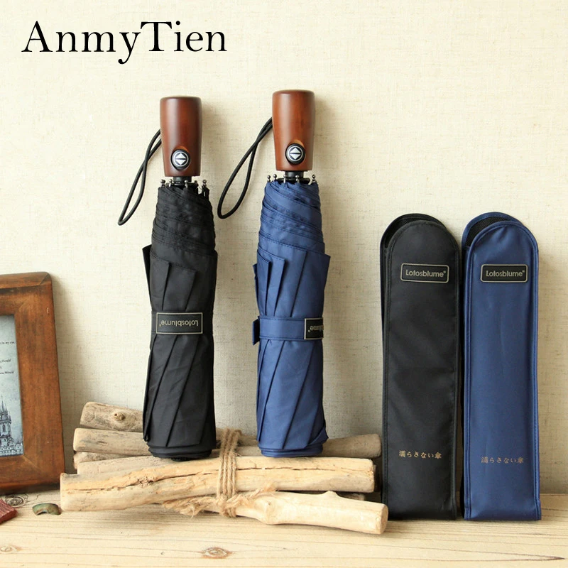 

2018 New Man Super Big&Waterproof Strong Windproof 3 Folding Fully Automatic Couples Umbrella With Wooden Handl