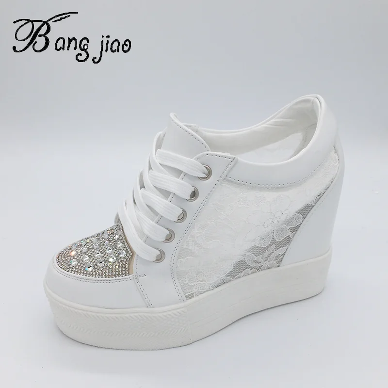 

2019 Summer Rhinestone Women High Platform Shoes Height Increasing Ladies Sneakers Trainers Lace Breathable Casual Shoes White