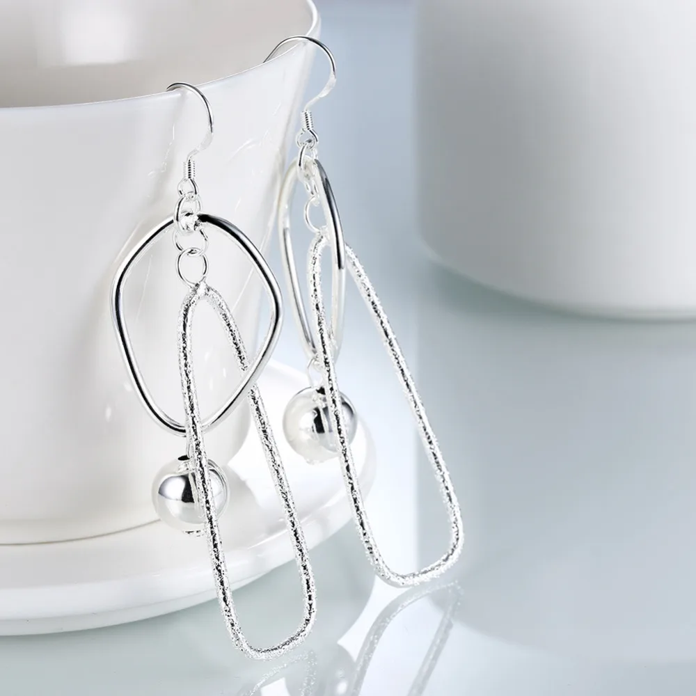 925 Silver double square with balls long drop dangle hook Classic
