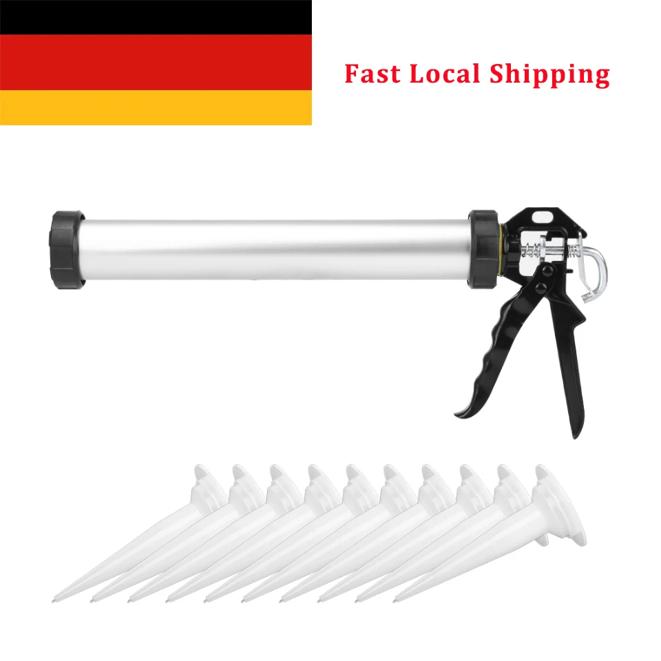Aluminum Tube Silicone Caulking Gun 600ml Caulk Tool w/ 10 Nozzles