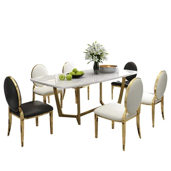 

designer unique new stainless steel golden dining room set with marble table and 6 leather chairs mesa de jantar muebles comedor
