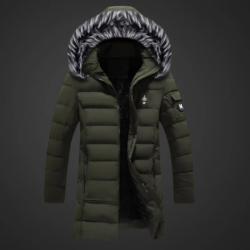 Новинка, модная зимняя мужская куртка с меховым воротником и капюшоном, длинное пальто, бархатная теплая парка, Мужская толстая верхняя одежда, повседневный ветрозащитный Тренч
