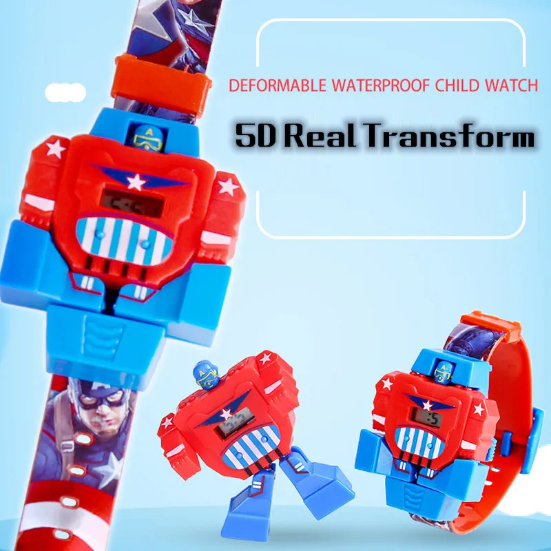 

5D Real transformation Children's Watch Deformation Robot Toy Captain America Spiderman Waterproof Sports Digital Kids Watches