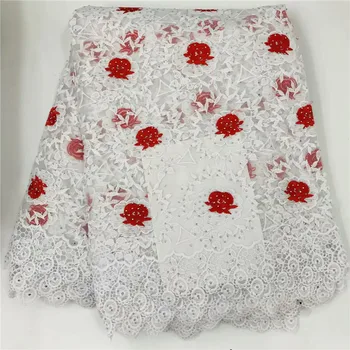 

Hot sale embroidery stones lace fabric fushia pink african lace fabric with Milk silk 5 yards White, red net lace fabric green