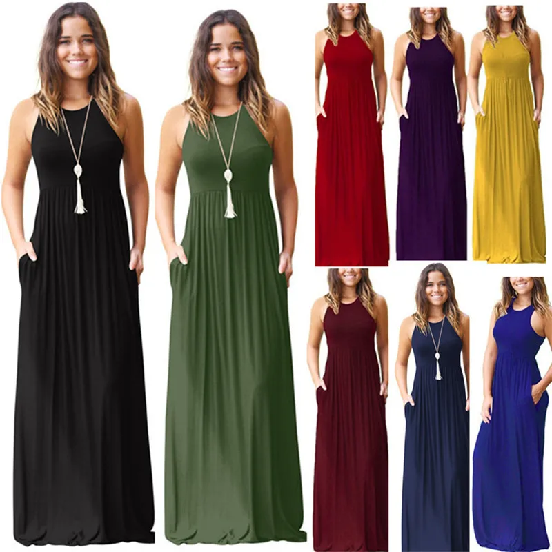 

Dower me Summer dress Black Purple Red Blue O-neck Sleeveless loose Elegant floor length Casual long Plus size long dresses Y002