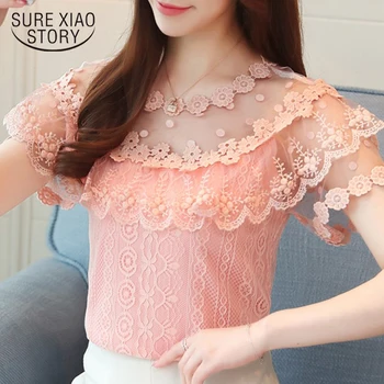 

2018 new summer fashion lace blouse shirt short sleeved blouses women clothing slim sweet lady style solid women tops 0482 30