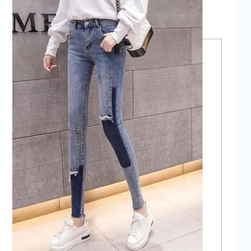 

2019 spring summer women's splicing color pencil pants fashion pachwork jeans Fit panelled jeans S-XL 6618