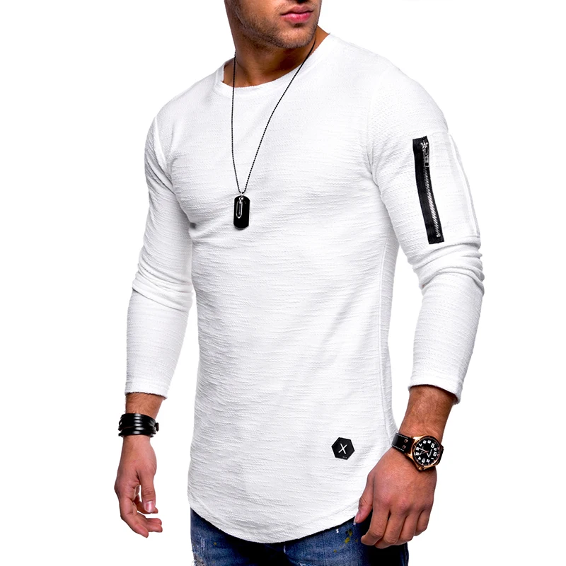 

Men tshirt Cotton Long Sleeve Zipper Streetwear Oversize Long T Shirt Hip Hop Asymmetrical Longline Mens Tee Curved Hem Slim Fit