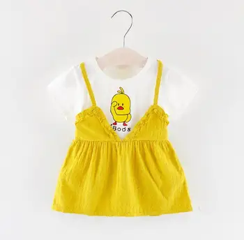 

Baby Girls Layered Grid Yellow Duck Printed Dress Summer Little Girls Cute Dress for 6months-3T