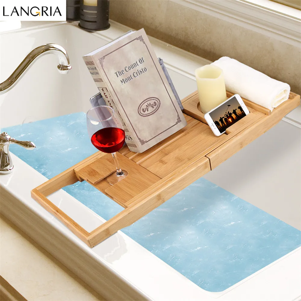 LANGRIA Bamboo BathtubTray Handcrafted Bath Tray Bathroom Shelves bathtub caddy bath caddy Bath Rack Bathroom Storage Stand Tray02