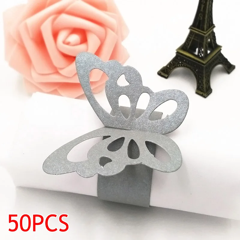 Pearlescent 50 Pcs/Set Lovely Butterfly Paper Napkin Rings Supplies For Wedding Party Decoration FPing - Цвет: Серебристый