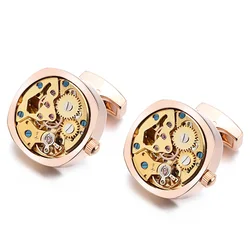 Gold Watch Movement Cufflinks - Steampunk Gear Design in Stainless Steel with Gift Box (Gold - color)