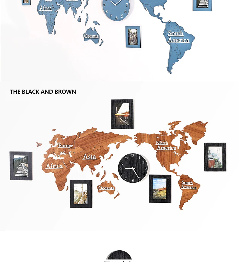 Креативная карта мира Наклейка на стену в форме часов с фоторамкой большой деревянный настенные часы Современные европейские круглые немой настенные часы