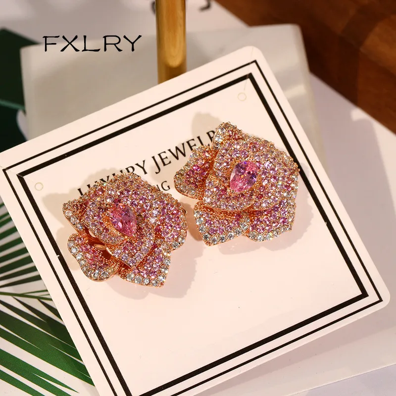 FXLRY Горячая Мода Дизайн розовый AAA Кубический Цирконий Изысканный романтический Роза Камелия серьги гвоздики женские аксессуары