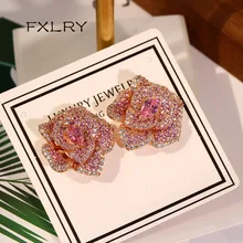 FXLRY Горячая Мода Дизайн розовый AAA Кубический Цирконий Изысканный романтический Роза Камелия серьги гвоздики женские аксессуары