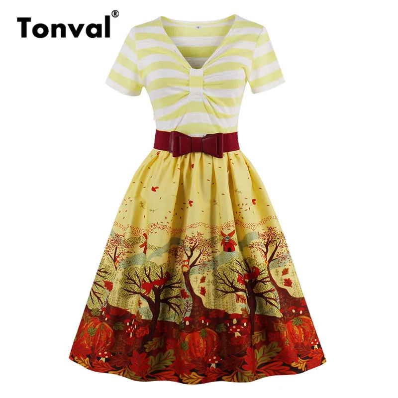 

Tonval Striped Autumn Scenery Print Vintage Dress Retro Women Bow Belt Elegant Yellow V Neck Sexy Party Pleated Dresses