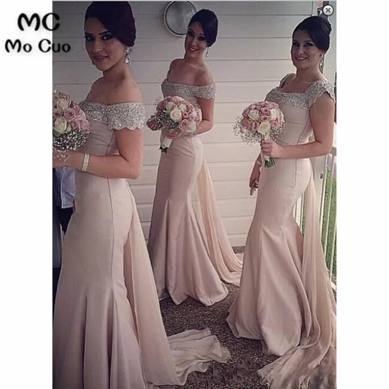 Mocuo 2018 Dark Pink Bridesmaid Dresses Long Off Shoulder Short Sleeve Elastic satin Wedding Party Dress Beaded | Свадьбы и