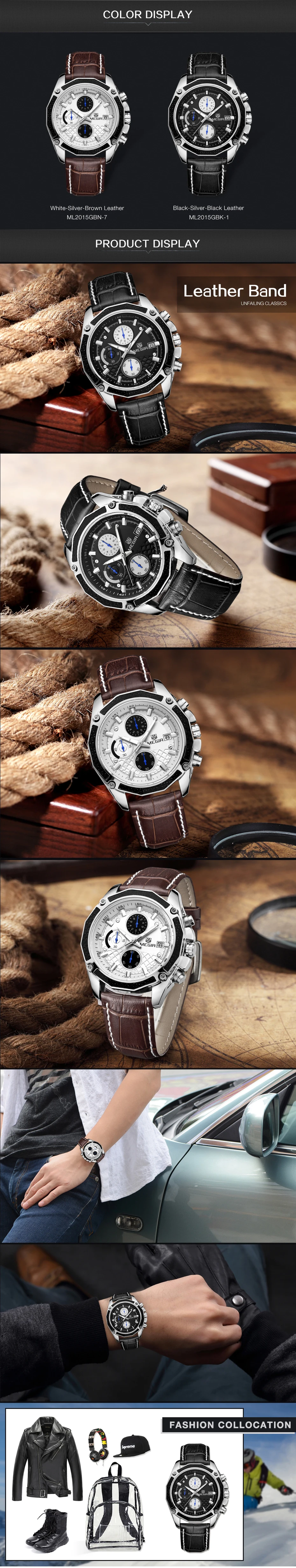 Genuine MEGIR quartz male watches Genuine Leather watches racing men Students game Run Chronograph Watch male glow hands (3)