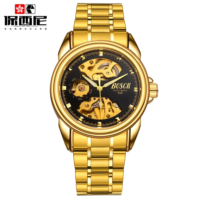 Мужские часы, автоматические механические золотые часы, мужские часы со скелетонным циферблатом, водонепроницаемые спортивные часы Bosck с ремешком из нержавеющей стали - Цвет: gold black