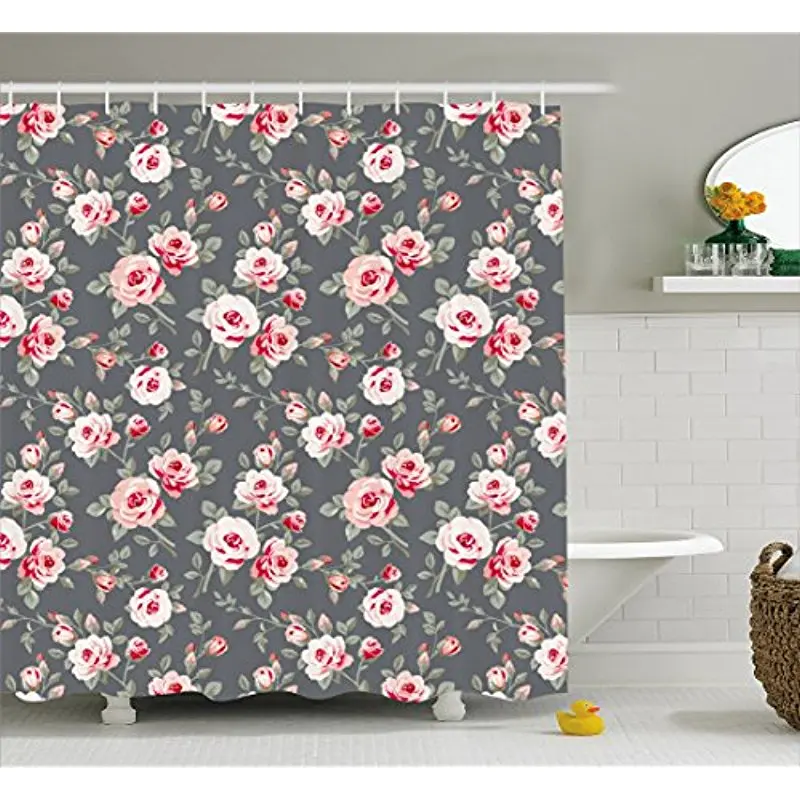 Vixm Shabby Chic Decor Shower Curtain Vintage Vibrant Roses Leaves Bush