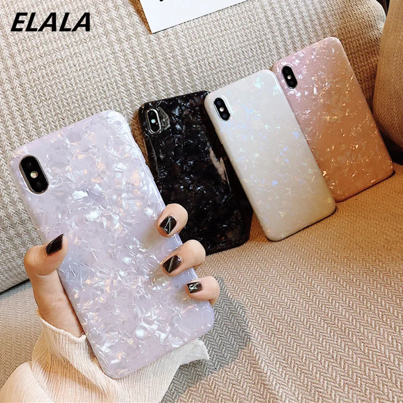 ELALA Glossy Marble Case For iphone 6 7 8 Plus X XS Max XR Bling Conch Shell Epoxy Silicone Glitter Soft TPU Cover For iPhone 7