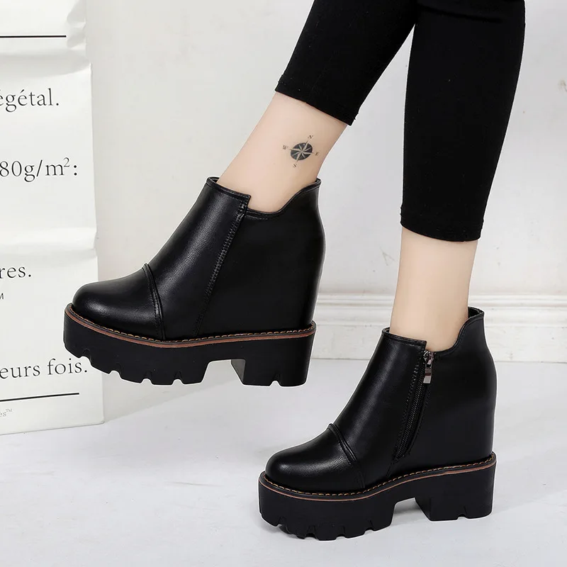 

Ankle Muffin Platform High Heel Biker Punk Rock Boots Booties Wedge Round Toe Waterproof Women Motorcycle Black Shoes Harajuku g