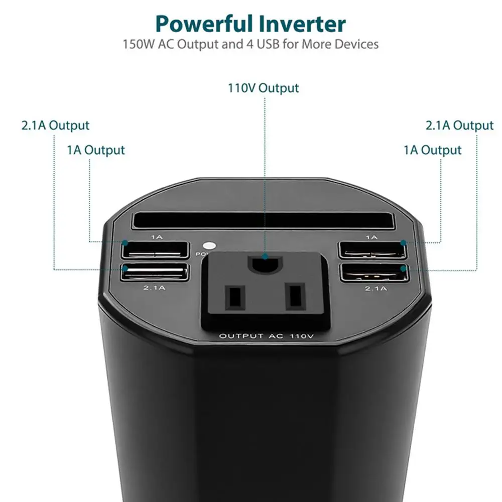 Adaptador de Tomada de Carregador de Suporte de Copo do Carro para Iphone 150w de Potência do Inversor 12v a 110v Converter Plug para Iphone x xr 8 Computador Portátil dc ac - Image 4