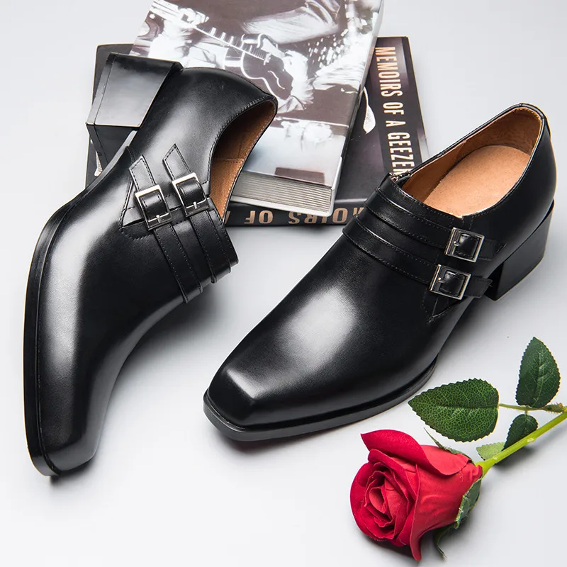 Hot Sale! Men Trendy Heels Full Grain Leather Buckle Belt Pointed Toe Thick Heel Oxfords Business Man Hightened Shoes 5CM