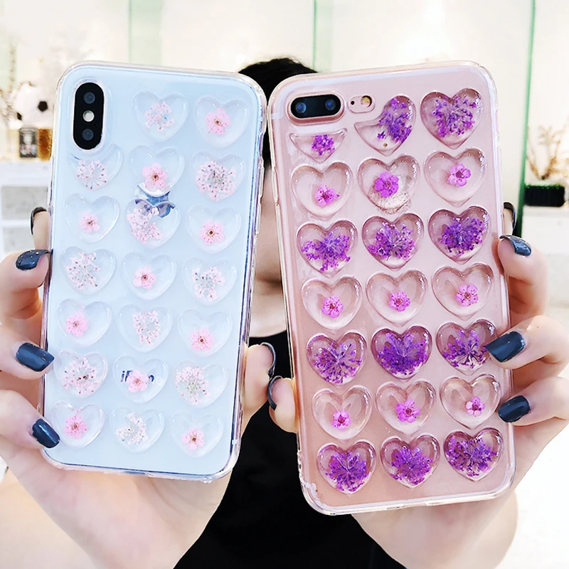 

Zxtrby Phone Case For iPhone X 6 6S 7 8 Plus 3D Love Heart Real Dried Flower Soft Epoxy Protective Mobile Phone bag Coque Gift
