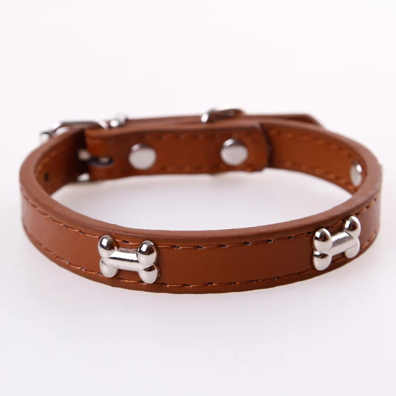 Dog Collar PU Leather Puppy Pet Collars Bone Charms Decoration Rivet
