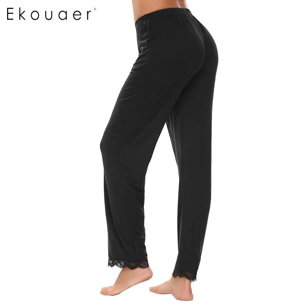 Ekouaer Для женщин пижамы брюки Lace-trimmed Повседневное эластичный пояс Пижамные брюки комфортного сна плавки свободные домашние брюки Femme
