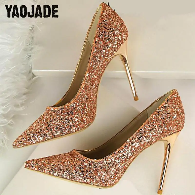 

New Sexy Fashion Women's High-heeled Shoes 2018 Summer Female Simple Shallow Mouth Glittering Sequins High Heel Single Shoe