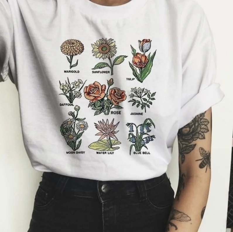 

flower plant letter ladies women letter printed graphic shirt cartoon cute tee shirt ladies women female tops tees t t-shirt