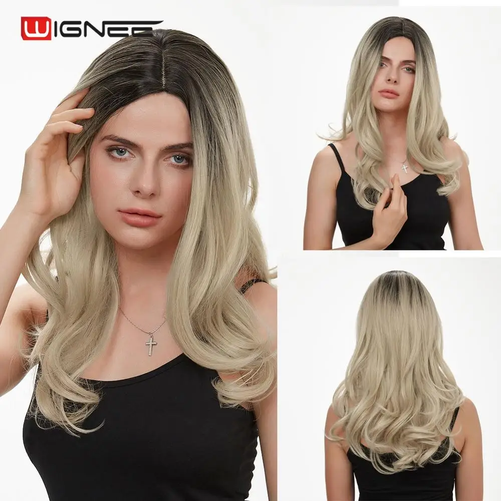 Wignee длинные волнистые синтетический парик из волос для женщин Высокая Плотность средняя часть Ombre коричневый/блондинка/розовый/фиолетовый/
