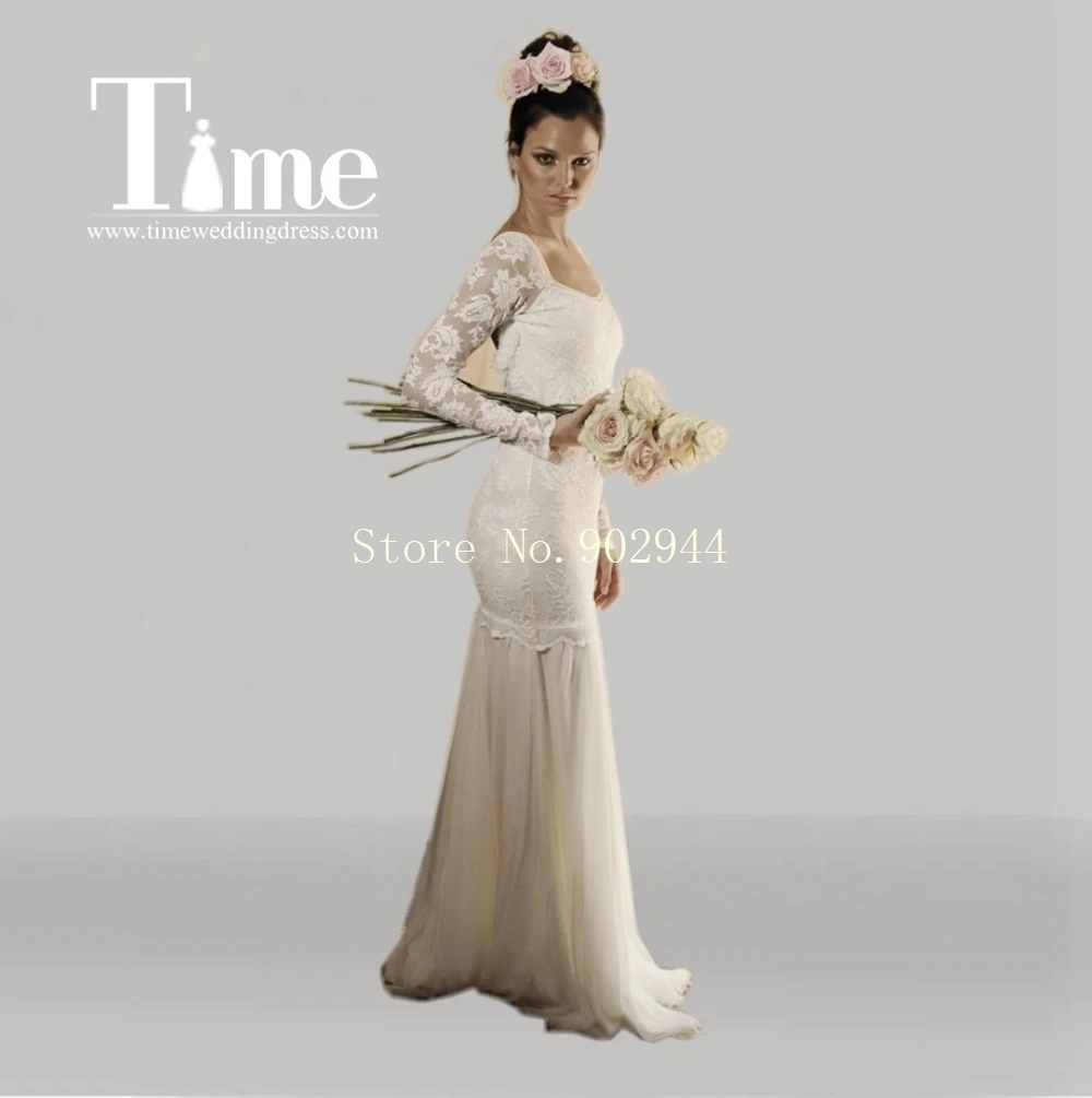 Cheap Flowy Beach Wedding Dress Scoop Neck Illusion Long Sleeves