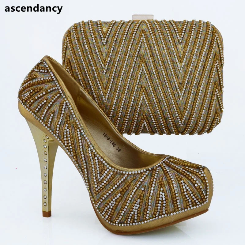 

Champagne+Gold Women Shoes and Bag Set In Italy African Italian Shoes and Bag Set Decorated with Rhinestone African Women Shoes