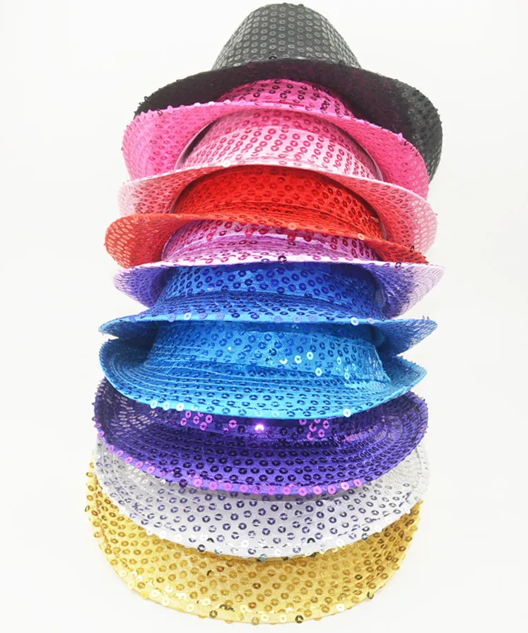

20pcs/lot Free Shipping Designer Women and Men Fancy Dress Costumes Paillette Top Hats Fedora Show Party Wedding Sequin Jazz Hat