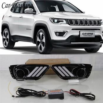 

car flashing 2pcs For Jeep Compass 2017 2018 2019 LED DRL Daytime driving Running Lights Daylight fog Lamp yellow turn signal