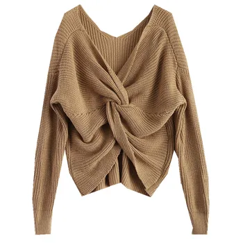 

Women's New 4 colors V Neck Knotted Back Sweater Women Jumpers Pullovers Long Sleeve Knitted Sweaters pull femme