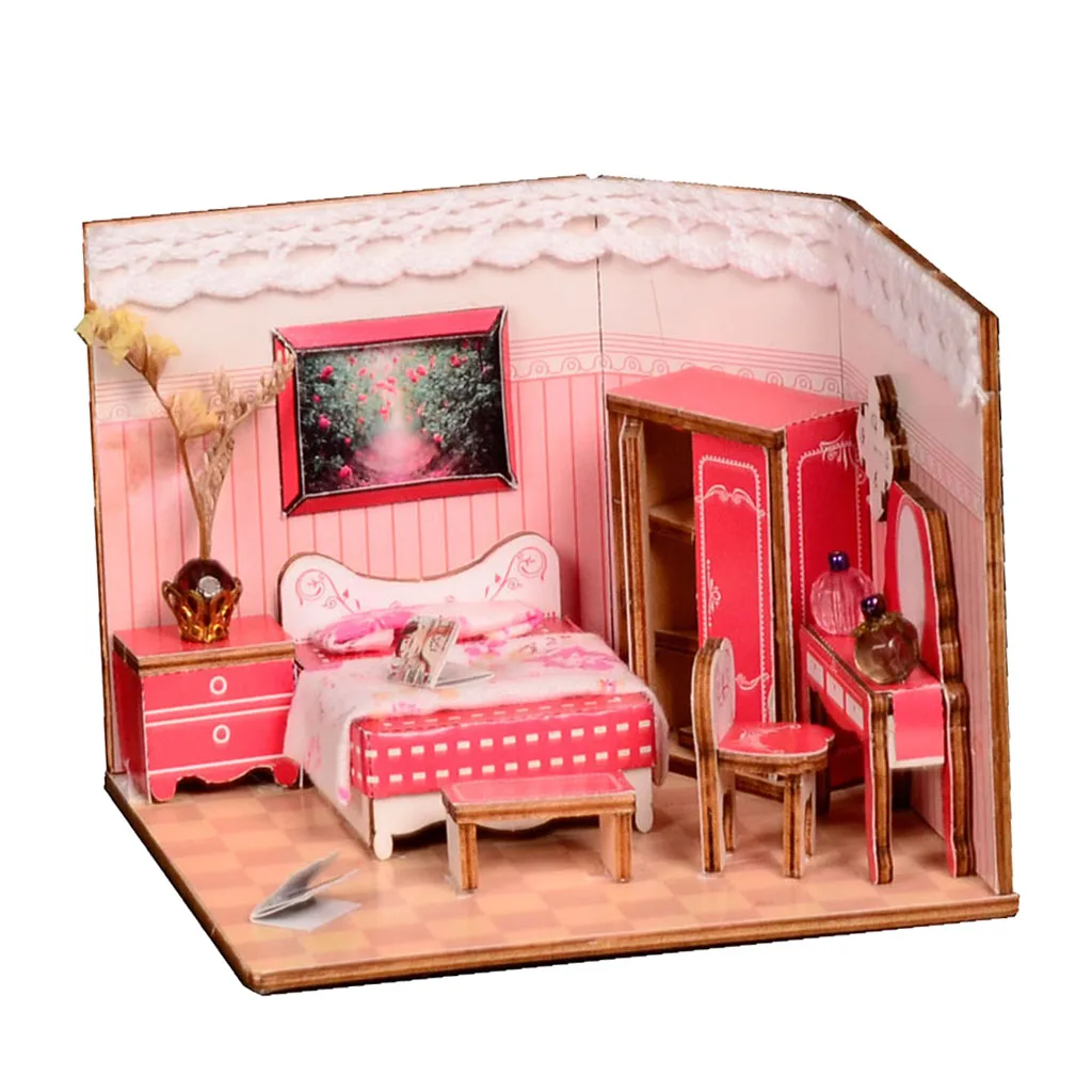1/24 DIY Dollhouse Miniature Kits Wooden Dolls Houses With Full Furniture - Pink Sweet Princess Bedroom Model House