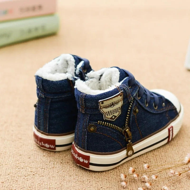 Winter Children Canvas Shoes Kids Sneakers Fashion Cotton-padded Boys Girls Denim Flats Side Zipper Plush Velvet Boots (15)