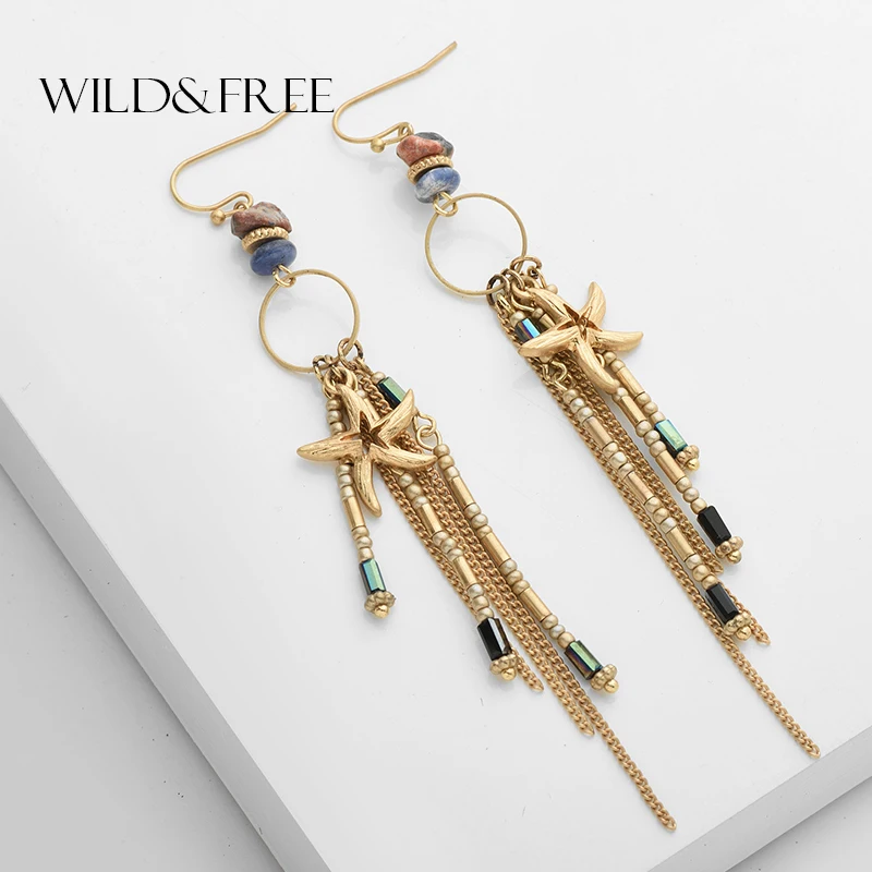 

2017 New Cute Starfish Earrings Long Tassel Drop Earring With Colorful Stone Pendant Handmade Hanging Earring Jewelry For Women
