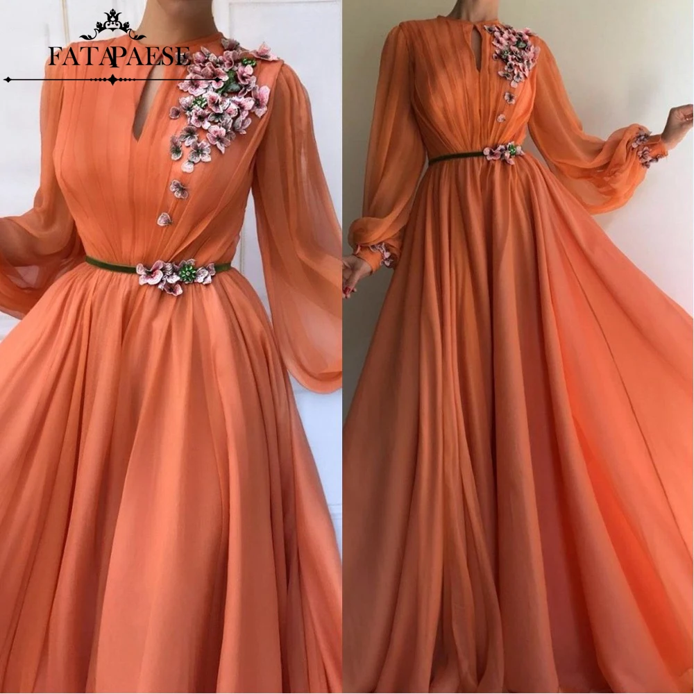 Robe de soiree Dubai Orange 3D Flower Evening Dresses Long 2019 Saudi Arabic Long Sleeves Chiffon Evening Gown Prom Party Gown Robe de soiree Dubai Orange 3D Flower Evening Dresses Long 2019 Saudi Arabic Long Sleeves Chiffon Evening Gown Prom Party Gown