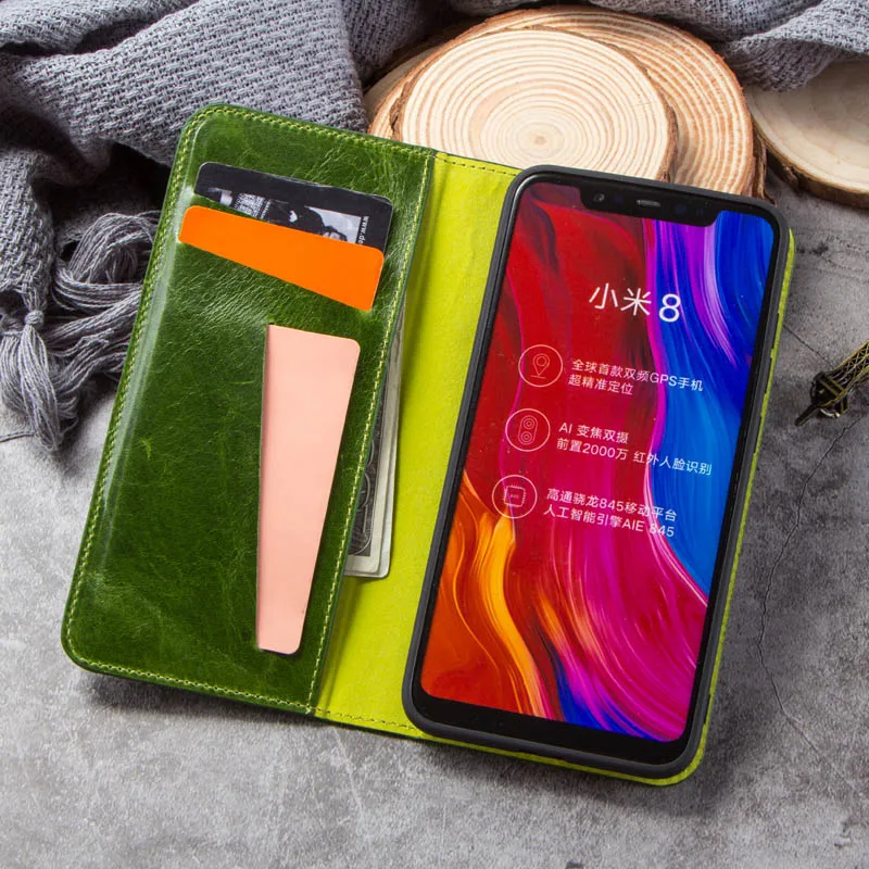 Кожаный чехол для телефона Xiao mi 8 из натуральной кожи, флип-бумажник для мобильного телефона, чехол для Xiao mi 8, чехлы для телефона, сумки, DIY гравировка - Цвет: Green