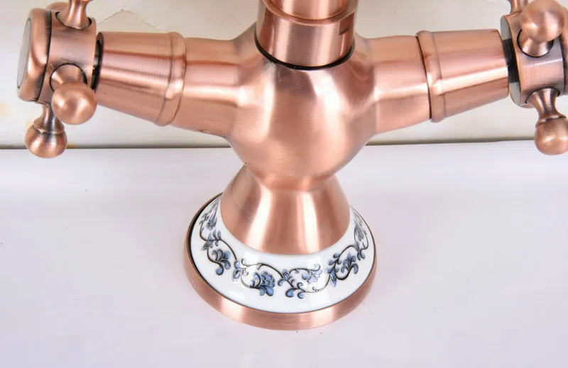 Antique Red Copper Brass Dual Cross Handles Bathroom Kitchen Basin Sink Faucet Mixer Tap Swivel Spout Deck Mounted mnf615