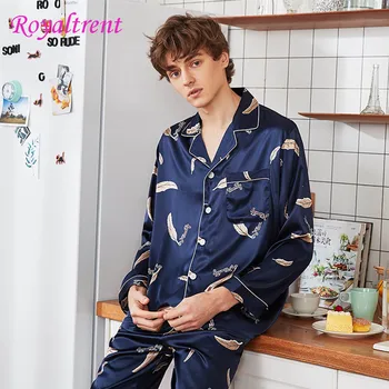 

Men Pajamas Set Spring Autumn Home Service Imitation Silk Pajamas Feather Pattern 2 Colors Comfortable Smooth Breathable