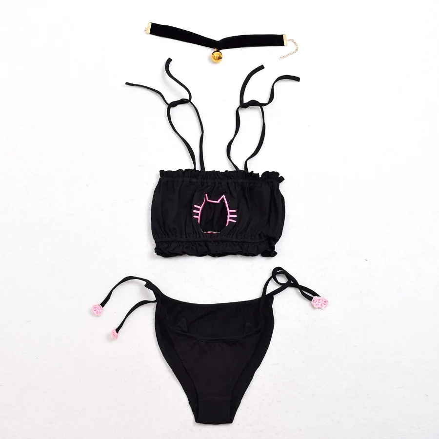 Girls Cute Neko Cat Chest Hollow Out Lingerie Paws Tie Intimates Open Chest Underwear