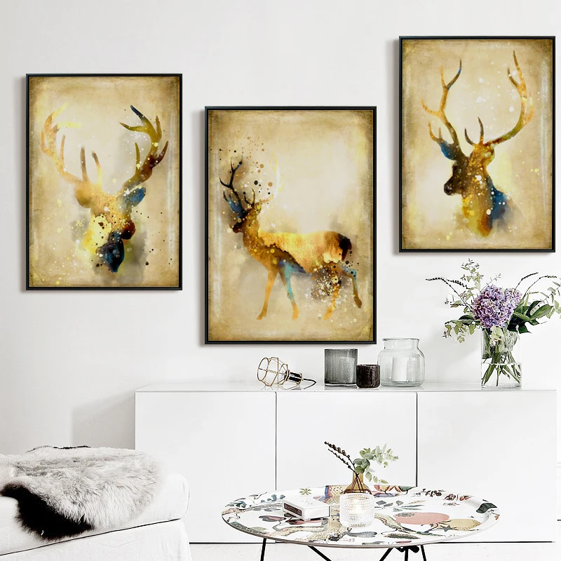 

07G Abstract Retro Gold Deer A4 A3 A2 Canvas Art Painting Print Poster Picture Wall Bedroom Living Room Home Decoration Murals