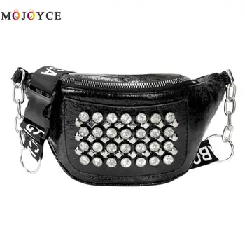 

Street Rhinestones Rivets Women PU Leather Fanny Pack Street Style Belt Bags Zipper Phone Waist Bag