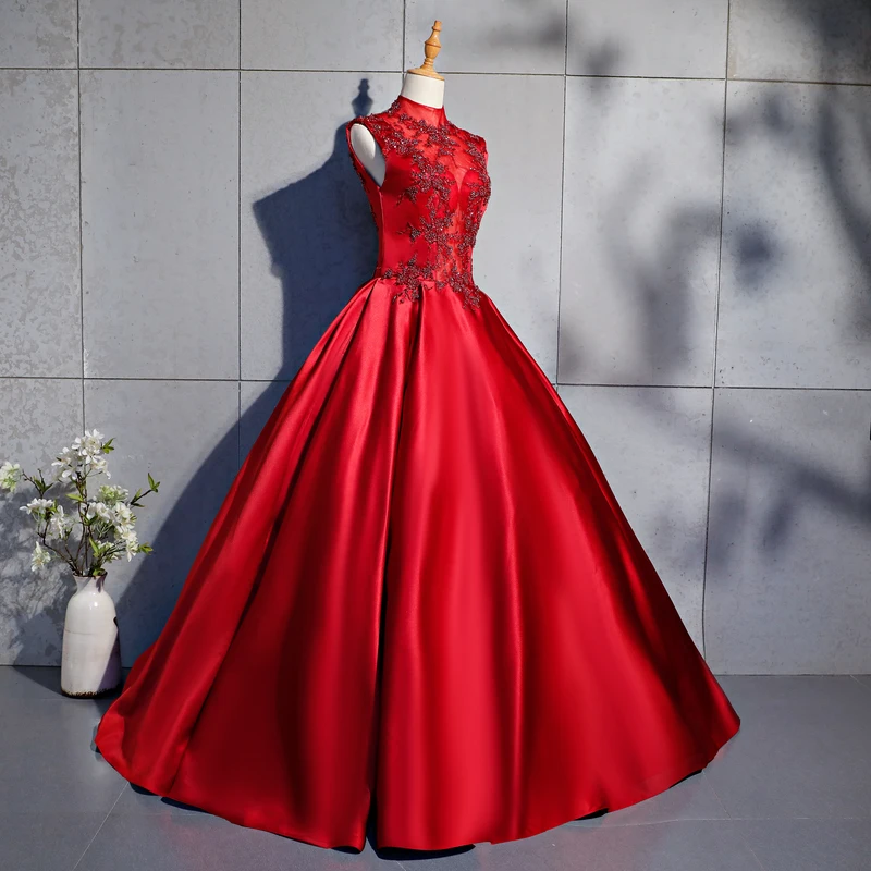 2019 высокое шеи атласные бисером Quinceanera платья Красный маскарад бальное платье свадебное платье сладкий 16 платья Vestidos De 15 Anos G095